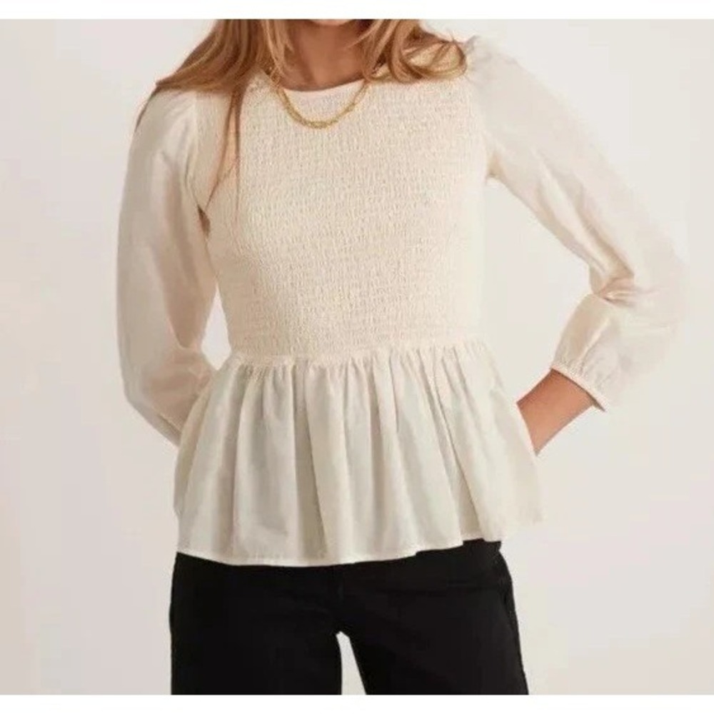 Marine Layer Gabrielle Smocked Long Sleeve Top Ivory Cotton Lyocell Blend Size S